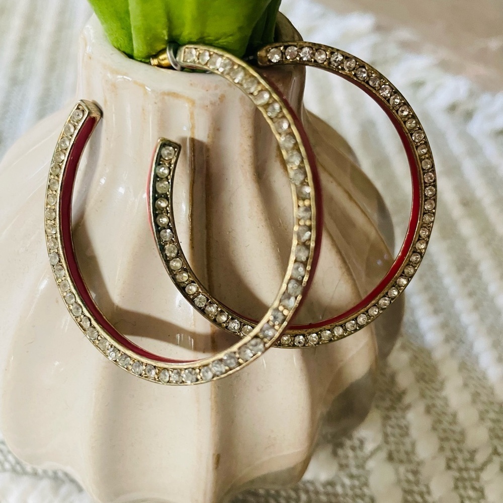 Stunning Vintage silver and Coral Rhinestones Hoops Earrings fashion jewelry